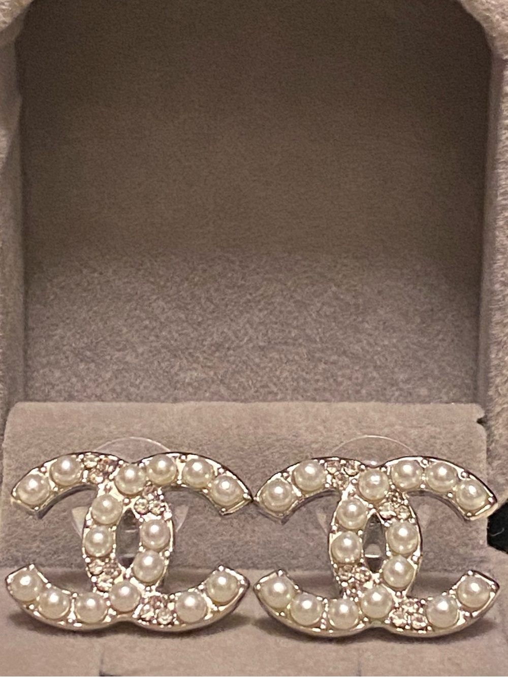 Fashion Jewelry White Pearl and Silver Crystal Double C Stud Earrings - Picture 7 of 7